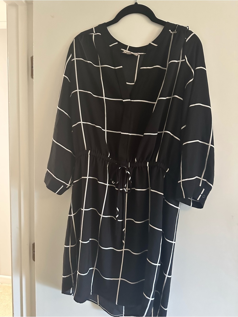 LOFT Black and White Windowpane Drawstring Midi Dress